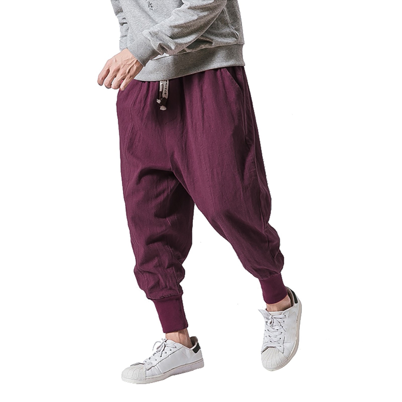 thumbnail image 4 of Pantalones de algodón y lino con entrepierna baja para hombre: cintura elástica, pantalones informales para todas las estaciones, tallas M-XXXL, 4 of 8